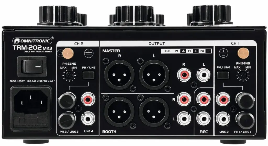 No person is visible in the image; only the rear panel of the Omnitronic TRM-202 MK3 Rotary Mixer with XLR, RCA, and power ports is shown.