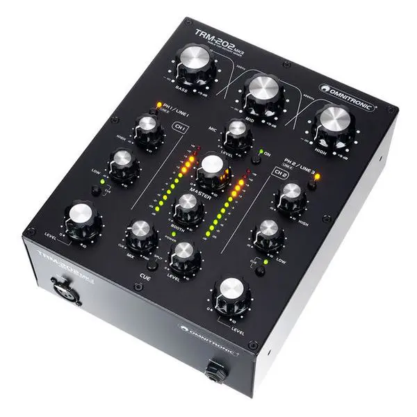 A black Omnitronic TRM-202 MK3 rotary mixer with multiple knobs, sliders, and LED indicators