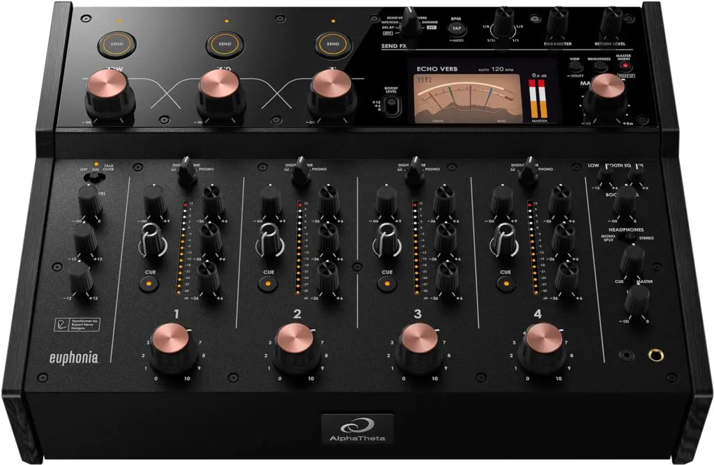 A black professional rotary DJ mixer with multiple controls and a digital display—